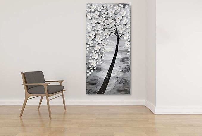 Yihui Arts Hand-Painted Textured White Blossom Tree Art on Canvas, Grey & Black Toned Floral Painting for Modern Home Decor, Unique Thick Textured Petals Wall Art