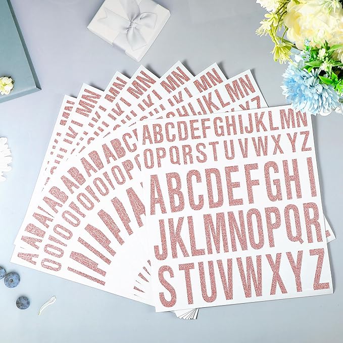 8 Sheet Glitter Letter Stickers Vinyl Alphabet Stickers Waterproof Self Adhesive Stick on Letters for Poster Bulletin Board Mailbox School Classrooms Decor(1 Inch, 2 Inch,Rose Gold)