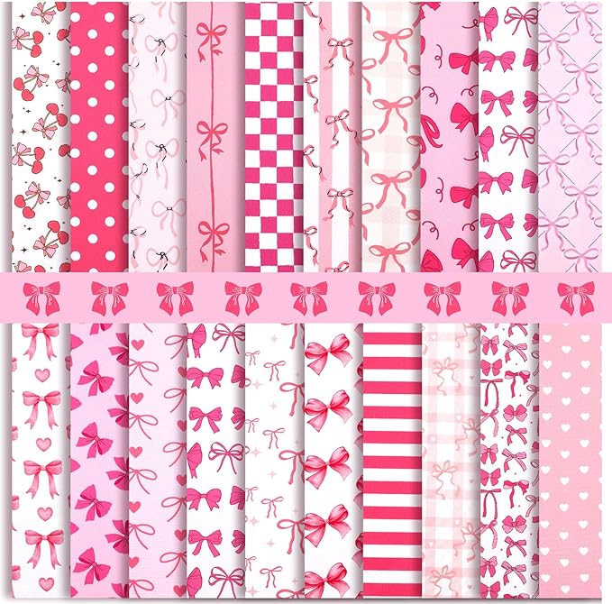 HunnmingRe 20 Pcs 10''x10'' Pink Bow Quilting Fabric Square Coquette Bow Quiltted Fabric Bundle Hot Pink and White Precuts Printed Patchwork Supplies for Holiday DIY Sewing Craft