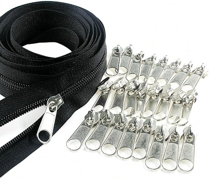 Leekayer #5 Black Nylon Coil Zippers by The Yard Bulk 10 Yards with 25pcs Silver Sliders for DIY Sewing Tailor Craft Bag(Black)