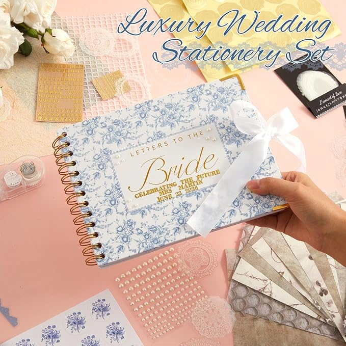 8.5 x 7 Inch Wedding Guest Book Letters to The Bride Scrapbook Wedding Memory Book Bridal DIY Blank Paper Scrapbook Photo Album Guest Sign with Pearl Stickers (157 Pcs,Blue Floral)