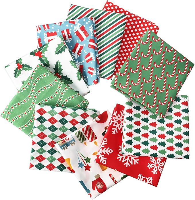 Tatuo 10 Pieces Christmas Cotton Fabric Squares Precut Quilting Patchwork Christmas Snowflake Print Red Green Fabric for Xmas Sewing Crafting DIY Supplies(50 x 50 cm/ 19.68 x 19.68 Inch)