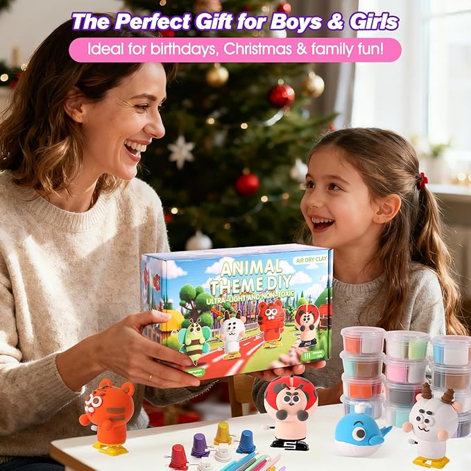 Air Dry Clay Kit -12 Animals Modeling Clay Set with 6 Movable Bases, Ultra Light & Soft, Safe Non-Stick DIY Art & Craft Kit with Sculpting Tools & Tutorials, Creative Gift for Boys & Girls