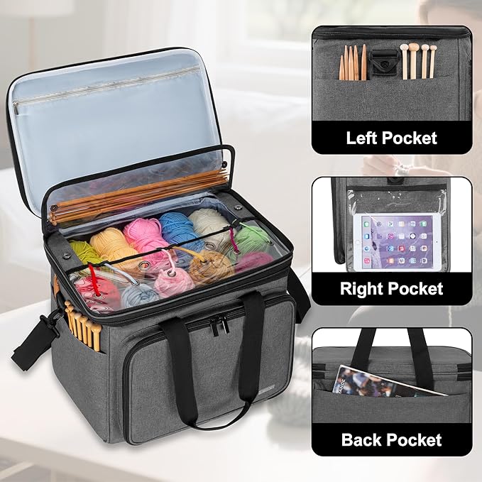 Teamoy Knitting Bag With Divider and Cover, Portable Yarn Storage Organizer for Crochet Accessories and Knitting Needles,Ideal for Knitting Enthusiasts, Gray