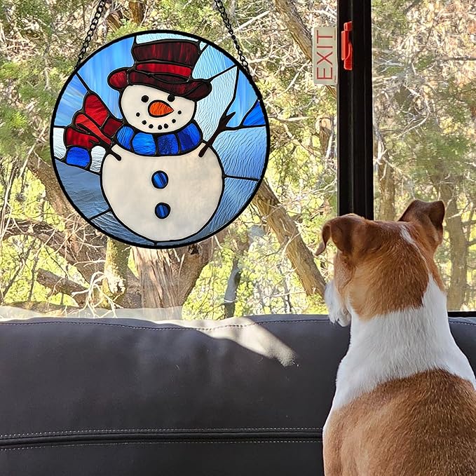 Stained Glass Window Hanging 4 Pcs Set Blue White Christmas Snowman Snowflake Large 11.8" - Suncatcher Door Garden Sun Catcher Decor Birthday Mother's Day Xmas Gifts for Mom Woman Nana Men