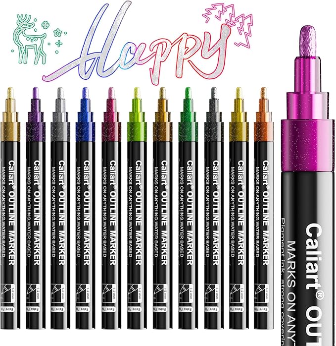 Caliart 12 Colors Outline Markers Shimmer Glitter Pens, Doodling Marker Set for Kids Teen Girls Adults, Birthday Gifts Trendy Stuff, Cool Fun Craft Drawing Art Supplies
