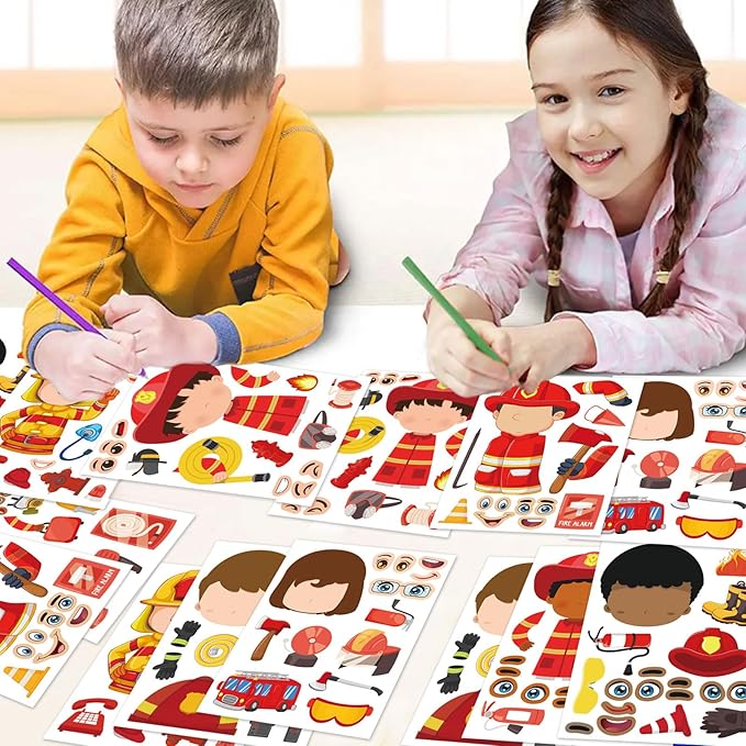24 Sheets Firefighter Stickers for Kids, Make-a-face Fireman Stickers Sheets, Fireman Themed Sticker Party Favor Supplies Craft School Fire Education Teacher Reward