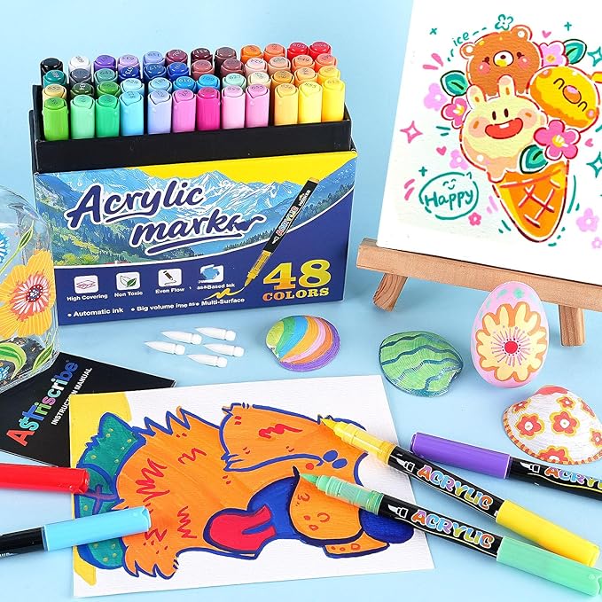 48 Colors Acrylic Paint Pens Markers, No-Bleed Brush Tip Acrylic Markers with Automatic Ink Control System, for Stone, Wood, Canvas, Ceramic, Glass, Metal, Rock Painting, Crafts Art Supplies Kit