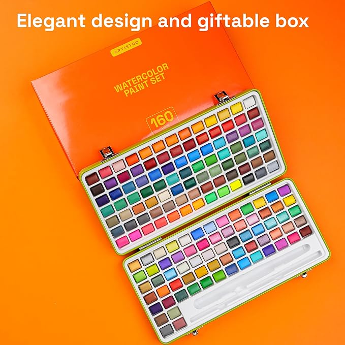 ARTISTRO Watercolor Paint Set 160 Colors - Vivid, Metallic & Neon, Portable Travel Set for Kids & Adults