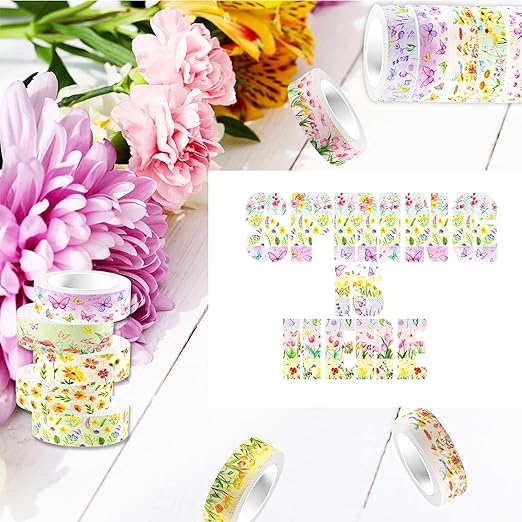 12 Rolls Floral Washi Tape Set, Butterfly Tulip Flower Writable Masking Tapes, Colored Decorative Adhesive Tape for Scrapbooking Journals DIY Crafts School Supplies Mother's Day Gift Packaging 16.4FT
