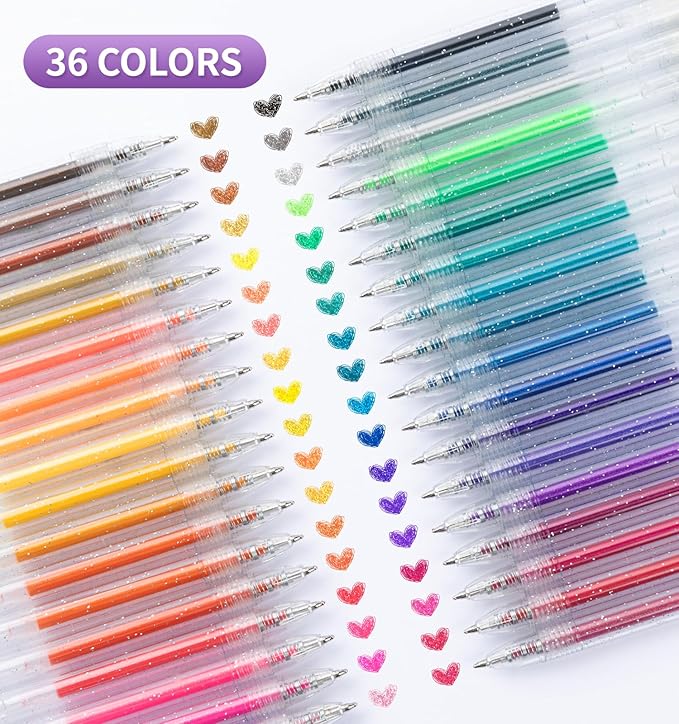 Glitter Gel Pens, 36 Colors Metallic Vibrant Retractable Sparkle Gel Pens for Coloring Journaling Drawing Doodling Colored Pen Colored Gel Pens for Kids Adult Fun Pens 0.8-1mm