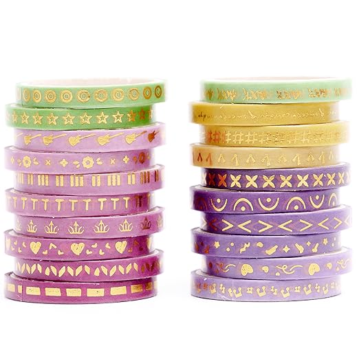 YUBX Skinny Gold Washi Tape Set Basic Foil Print Decorative Masking Tapes for Arts, DIY Crafts, Journals, Planners, Scrapbook, Wrapping (Dreamy Waltz)