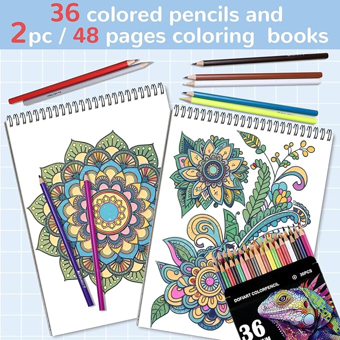 2Pcs Mandala Adult Coloring Books for Women Relaxation with 36 Color Pencils, Adult Coloring Book Spiral Bound, Thick Paper One Sided Design, Coloring Pencils for Adults with Mandala Coloring Books