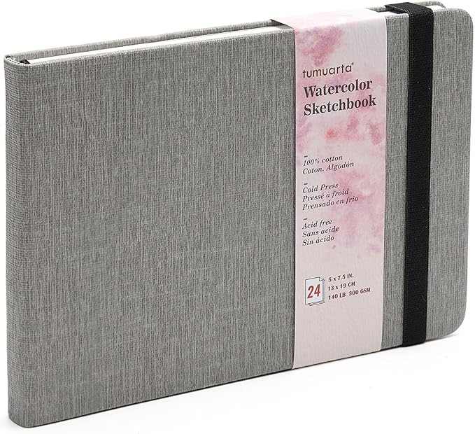 Watercolor Sketchbook, 5x7.5, 140 LB, 300 GSM, 100% Cotton Paper, Cold Press, 24 Sheets,48 Pages, Watercolor Journal for Use As Travel Sketch Book and Mixed Media Pad On The Go. (5"x7.5", Gray)
