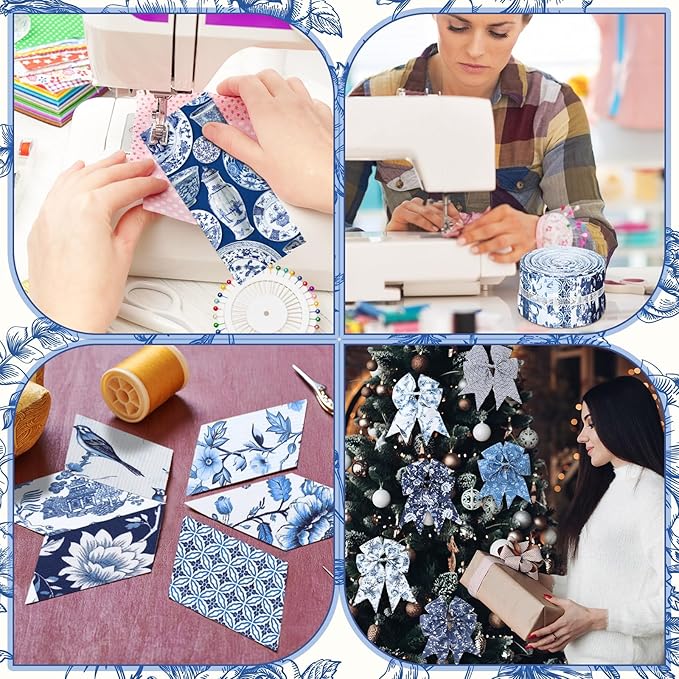 40 Pcs Blue and White Floral Christmas Quilting Fabric Roll 2.56 Inch Precut Fabric Squares Jelly Patchwork Chinoiserie Strips Materials for Winter Xmas Holiday Craft Sewing Panels DIY