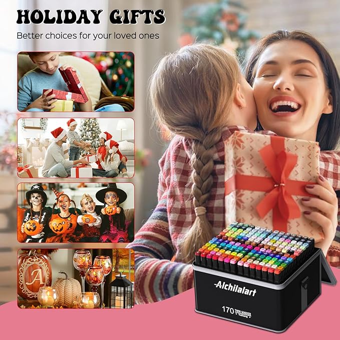 Alchilalart 170 Colors Dual Tip Sketching Drawing Markers, Set for Adults & Kids