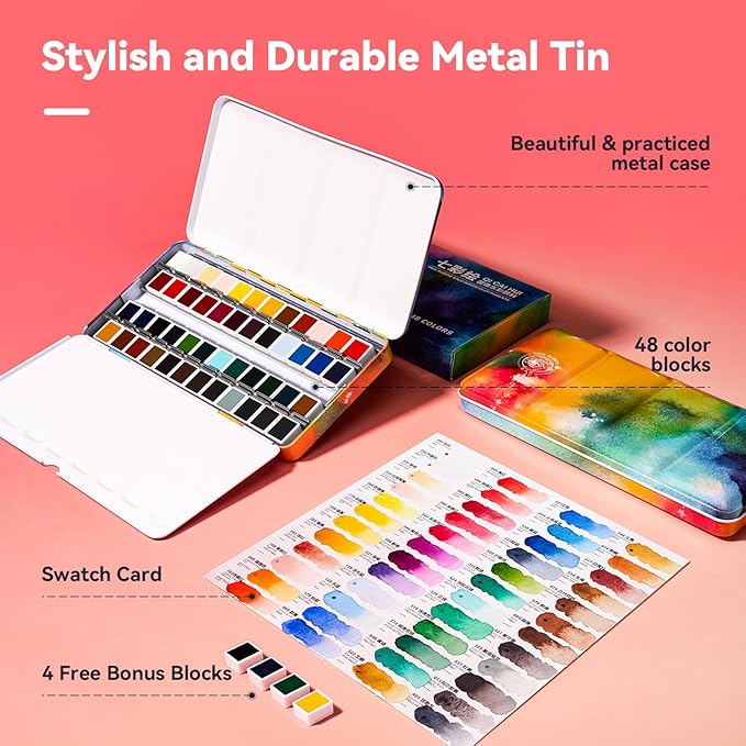 Paul Rubens Watercolor Paint Set, 48 Colors Solid Watercolor Paint, Easy To Blend And Diffuse Watercolor Palette, Compact And Portable Travel Watercolor Set Suitable For Beginners And Professionals
