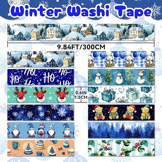 12 Rolls Winter Washi Tape Set, Blue Decorative Tape Snowflake ICY Christmas Themed Masking Tape for Journaling Supplies, Junk Journal, Scrapbooking, DIY Arts & Crafts, Gift Wrapping