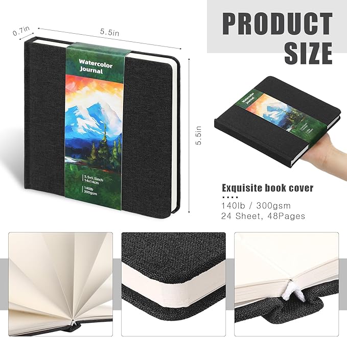 Dispowreath 5.5 x 5.5 in Watercolor Sketchbook Journal Square Watercolor Notebook Cold Press 140lb 300gsm Cotton Paper 48 Pages Journals Notebook Paper Pads(Black)
