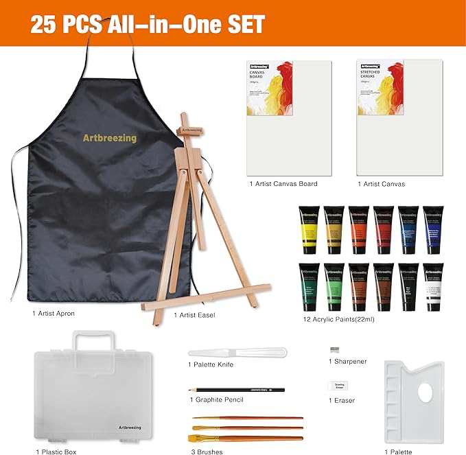 Artbreezing 25pc Tabletop Easel Painting Set,Acrylic Paint,Portable Easel,Brushes,Canvas,Apron, Plastic Carry Case,Art Set for Kids,Adults,Beginners,Artists (SET-25PCS-12 * 22ML)