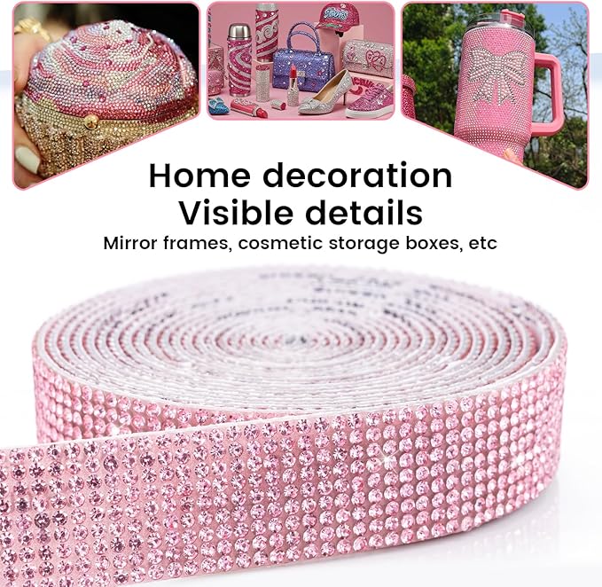 Novani Self Adhesive Rhinestone Ribbon, 0.78 Inch Wide 3 Yards 1 Roll, Pink Crystal Diamond Bling Strips for DIY Crafts,Home Decor,Glitter Glass Rhinestones Tape for Crafting,Car Decoration
