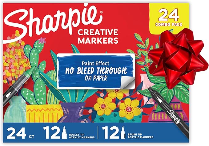 Sharpie Creative Markers, Combo Pack, Water-Based Acrylic, Bullet & Brush Tips, Assorted Colors Including Earth Tones, 24 Count - Works on Paper, Metal, Wood, Ceramic, Glass, Rock, Canvas