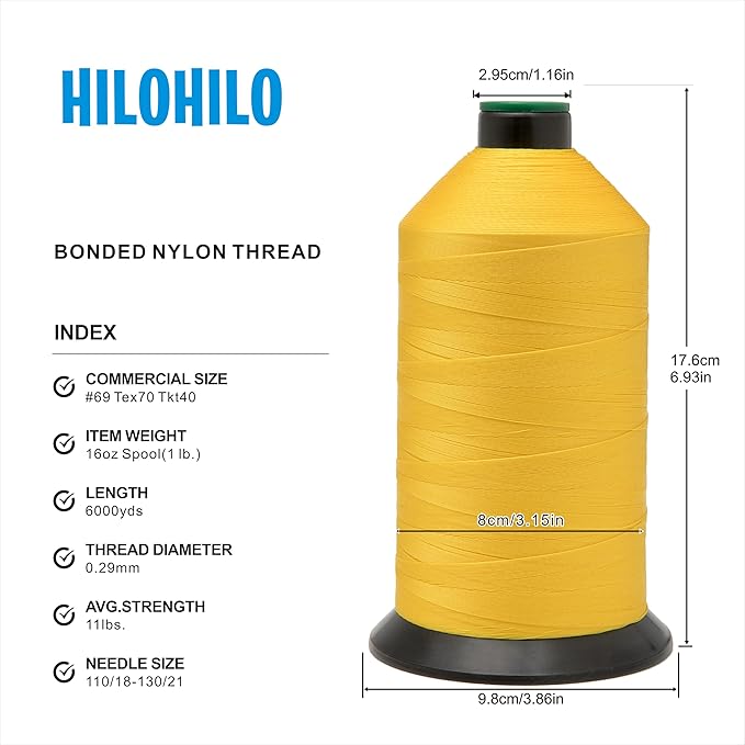 Extra Strong Bonded Nylon Thread #69 Tex70 – 16 OZ, 6000yds, Versatile Stitching Solution for Leather, Upholstery, Canvas Repair and More (Yellow)