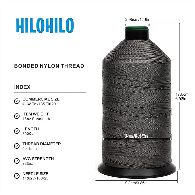 Extra Strong Bonded Nylon Thread #138 Tex135 – 16 OZ, 3000yds, Versatile Stitching Solution for Leather, Upholstery, Canvas Repair and More (Dark Gray)