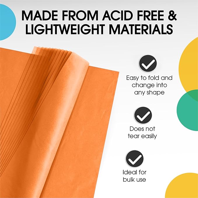 Party Solids Orange Tissue Paper for Gift Bags - 20" X 30" Bulk Tissue Paper Orange 480 Sheets - 10lb Newsprint for Packing, Birthday Gift Box Filler, Packing Supplies for Moving Supplies