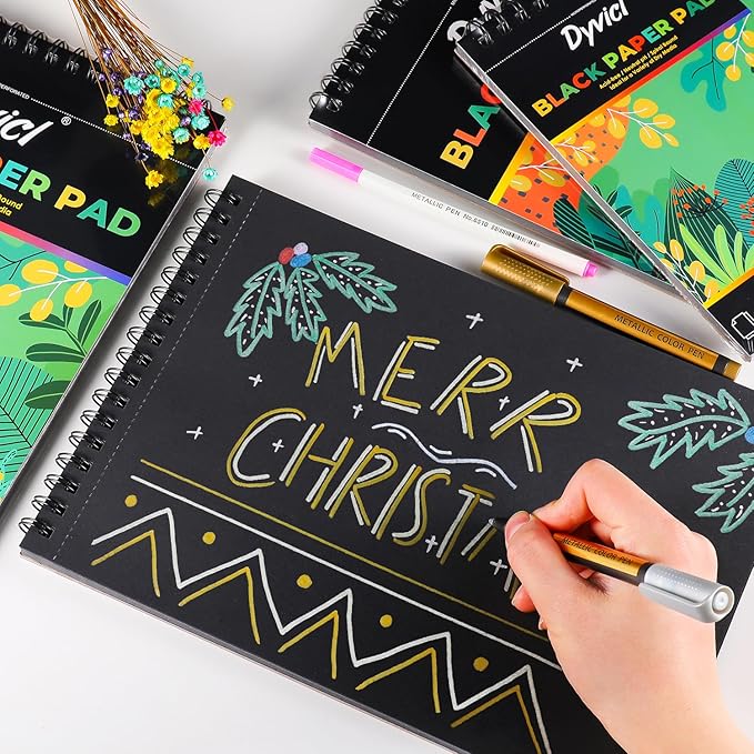 Dyvicl Black Paper Sketchbook 9"x12", 90 lb/150 GSM, 35 Sheets, Spiral Black Sketch Pad Drawing Paper for Pencil, Pastel, White Ink Gel Pen, Charcoal, Chalk, Metallic Marker, Paint Pen