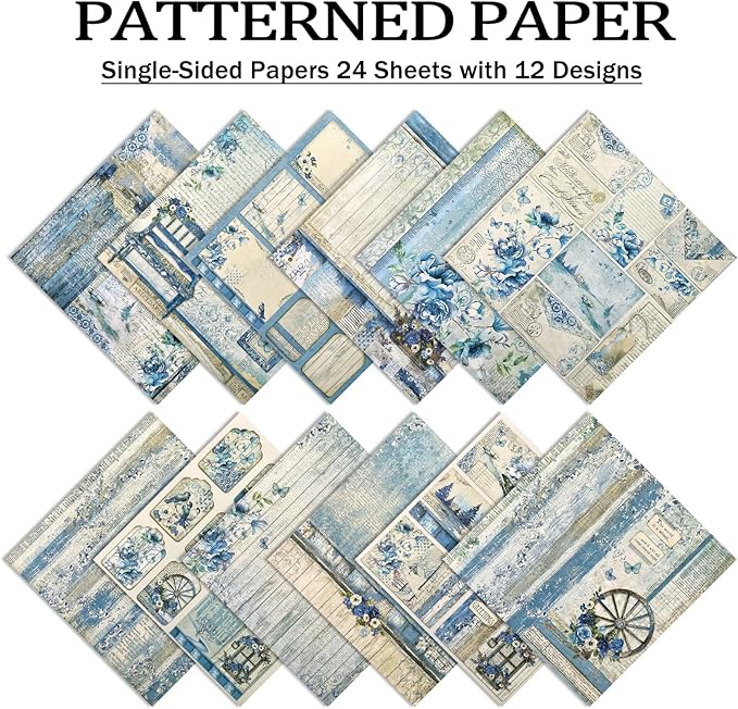 Scrapbook Paper,24 Sheets 5.8x5.8 Inch Vintage Bule Style Scrapbook Supplies,Single-Sided Vivid Origami Decoupage Paper for DIY Crafts, Card Making, Art Journaling