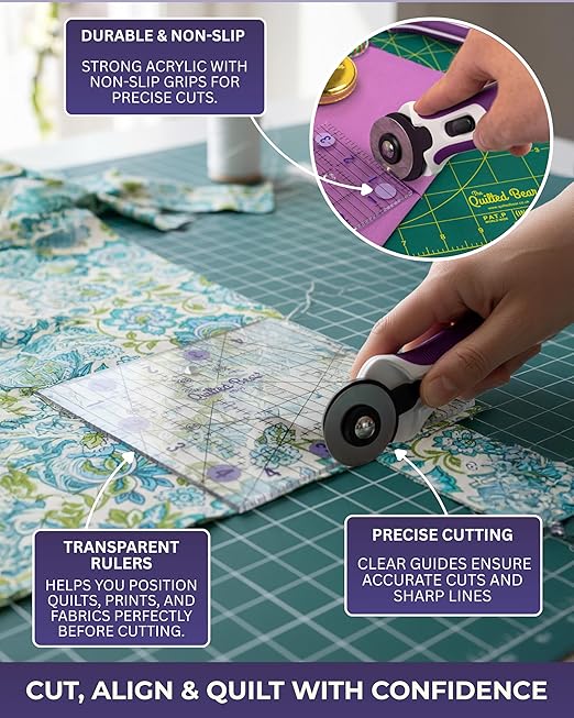 The Quilted Bear Quilting Rulers - Transparent Acrylic Non Slip Quilting, Patchwork & Sewing Ruler with Clear Black Lines & 30, 45 & 60 Degree Angles for Perfect Accuracy (4.5", 6", 9.5" & 12.5")