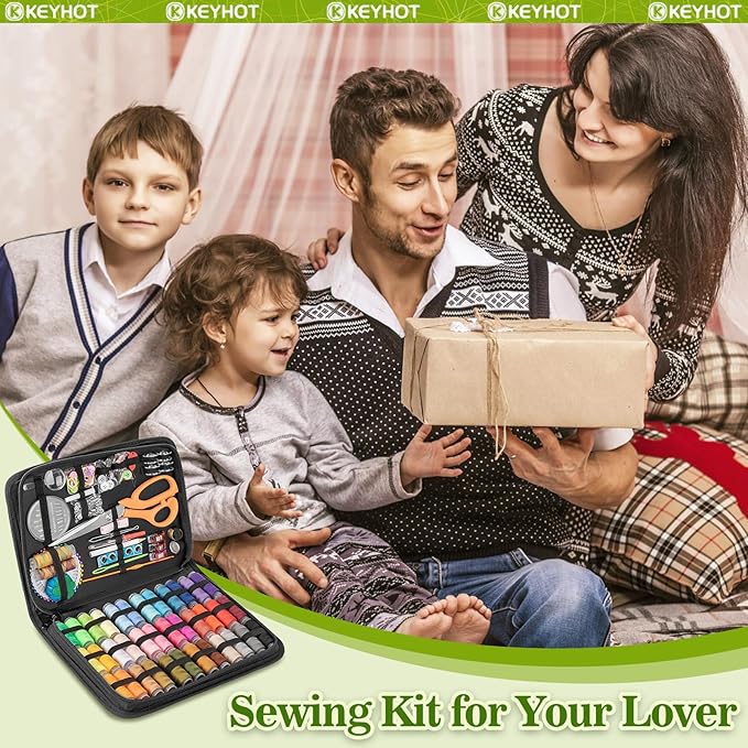 KEYHOT Sewing kit Basic,Needle and Thread Kit,Travel Small Sewing Machine Supplies for Adults Beginners Men, Home Travel Emergency Including Scissors Measure Tape Needle Threader (200pcs)