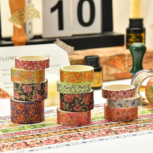20 Rolls Flowers Washi Tape Set Floral Arts Adhesive Tapes Gold Foil Decorative Masking Tape Sets for Craft, Kids, Scrapbook, DIY, Gift Wrapping