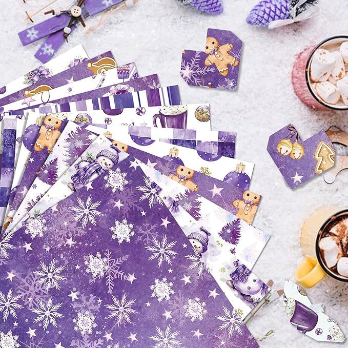 24 Sheets Christmas Scrapbook Paper 12'' × 12'' Double-Sided Watercolor Xmas Purple Pattern Paper Decorative Art Cardstock for Holiday DIY Crafts Card Making Scrapbook Supplies