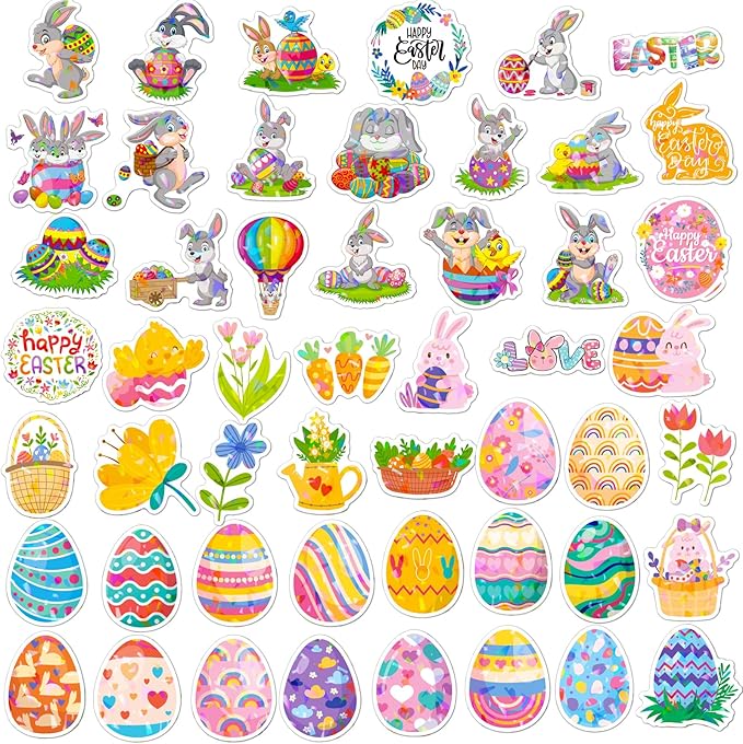 100 Pcs Holographic Easter Stickers,Easter Egg Stuffers Cute Bunny Rabbits Vinyl Waterproof Stickers Basket Stuffers Gifts