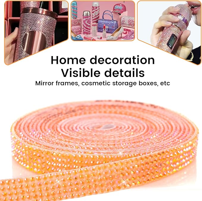 Novani Self Adhesive Rhinestone Ribbon, 0.39 Inch Wide 3 Yards 1 Roll, Orange AB Diamond Bling Strips for DIY Crafts, Glitter Resin Rhinestones Tape for Crafting, Car Decoration
