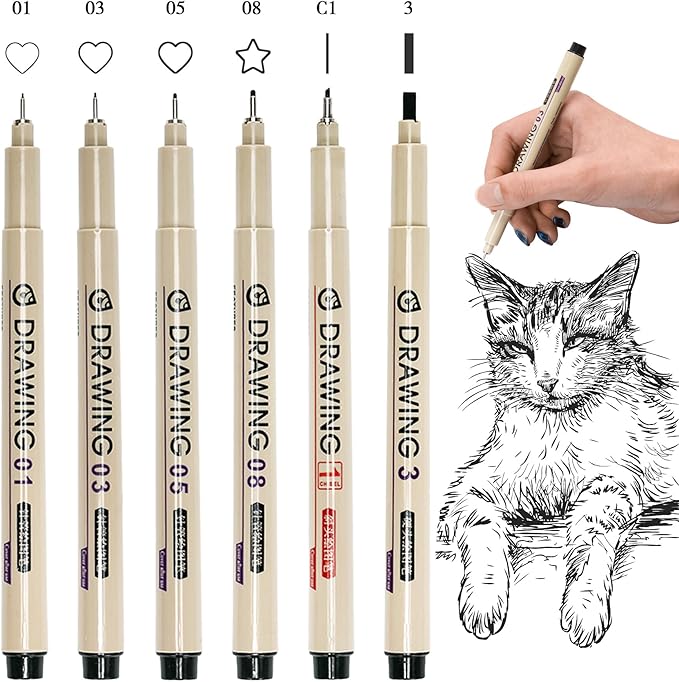 Micro Fineliner Pens, 6 Pack Micro Pen Set Black, Technical Drawing Pens for Artist No Bleed Calligraphy Pens, Archival Ink Brush Pen Art Pens for Journaling, Illustration, Sketching, Anime