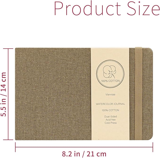 Vienrose Watercolor Sketchbook, 5.5"x8.2" Watercolor Journal with 24 Sheets 140 LB (300 GSM) Cotton Watercolor Paper, Brown Linen Cover Watercolcr Sketch Book As Travel Notebook Mixed Media Pad