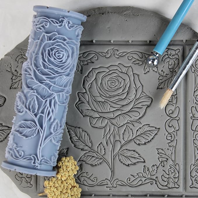 Rose Clay Texture Roller (4") - Flower Set #01 - Embossing Pattern Roller for Polymer & Ceramic Clay, Pottery & Crafts