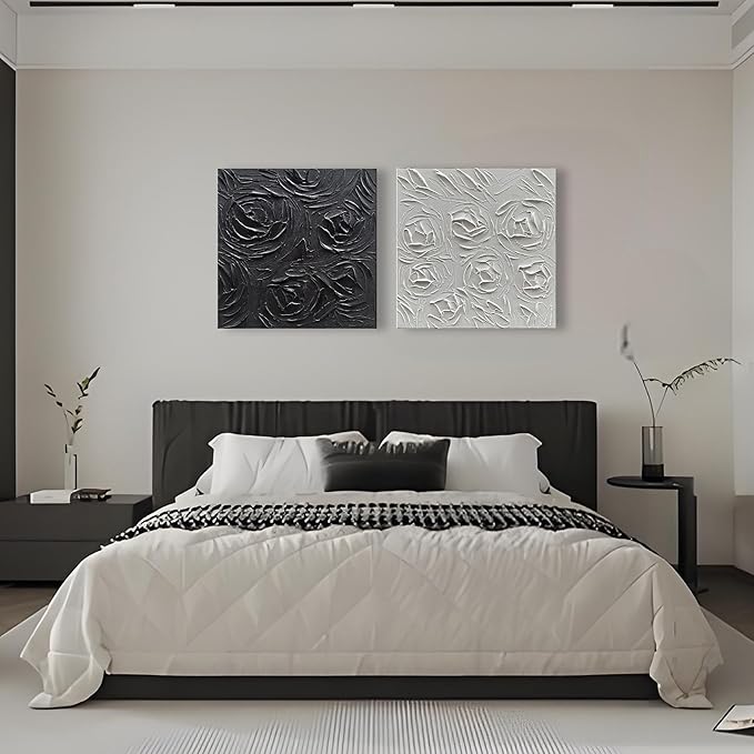 Art Hand-Painted Abstract Three-Dimensional Textured Black Rose Flower Art Oil Painting, 24x24 inches. Modern Minimalist Style Art. Suitable for Wall Decoration in Home Office