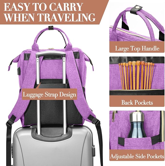 Knitting Bag Backpack, Crochet Bag Tote, Yarn Organizer with USB Charging Port, Christmas Gifts Large Travel Knit Storage Tote for Crochet Hooks, Knitting Needles, Yarn Supplies, Purple