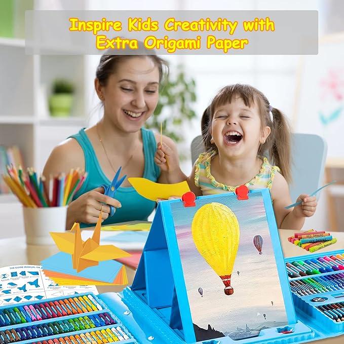 Art Supplies, 272 Pack Art Set Drawing Kit for Girls Boys Teens Artist, Deluxe Gift Art Box with Trifold Easel, Origami Paper, Coloring Book, Drawing Pad, Pastels, Crayons, Pencils, Watercolors(Blue)