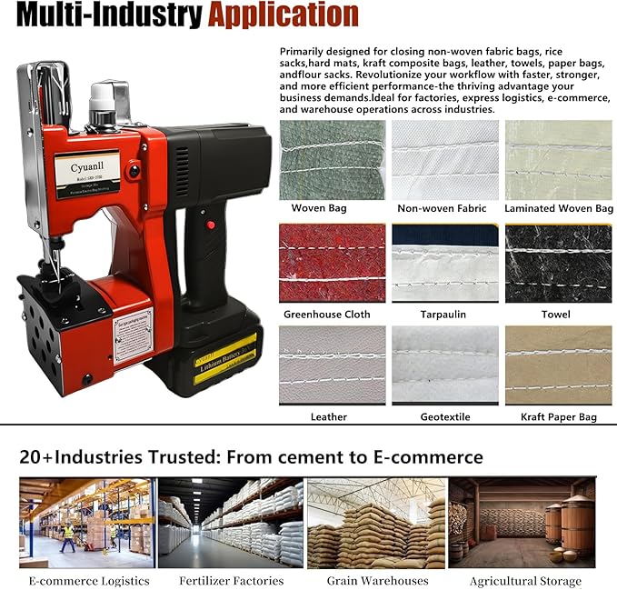 Bag Sewing Machine-Portable Battery Handheld Cordless Bag Sewing Machine,Automatic Bag Stitcher With Thread for Burlap Sack, Canvas,Feed Sacks,Rice Bags,Jute Bags,Seed Bags(Machine+1 battery)-Red