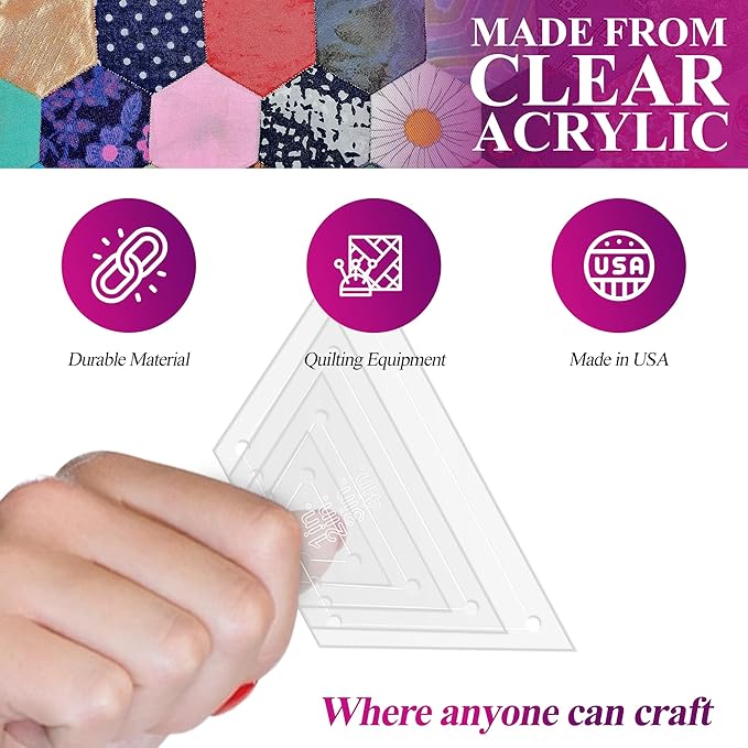 Quilting Acrylic Template Set | Precision Tools for Quilting Enthusiasts | Half Hexagon Design | Includes Sizes 4", 3", 2", 1" | 1/8 Clear Acrylic | 1/4" Seam Allowance for Accuracy