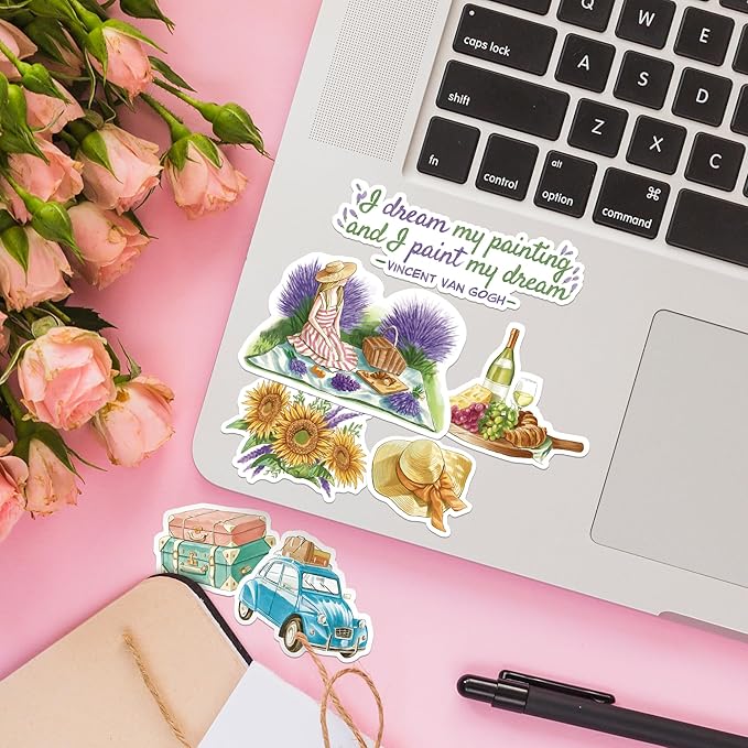 Navy Peony Summer in Provence Travel Stickers (28pcs) - Watercolor, France Lavender-Themed Vacation Decals for Scrapbooks, Water Bottle, Luggage