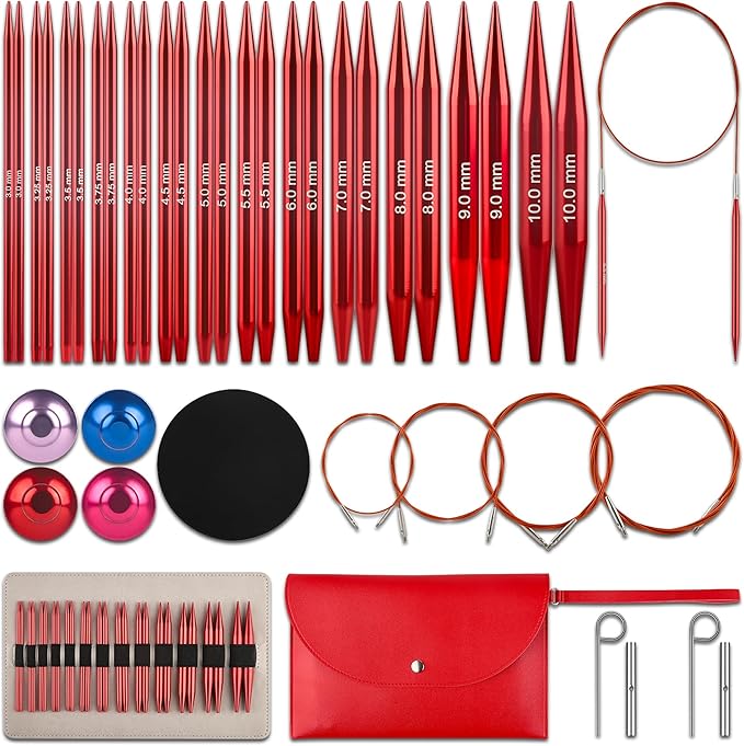Interchangeable Circular Knitting Needles Set - 13 Pairs | Premium Aluminum Knitting Needles & Accessories | Red1