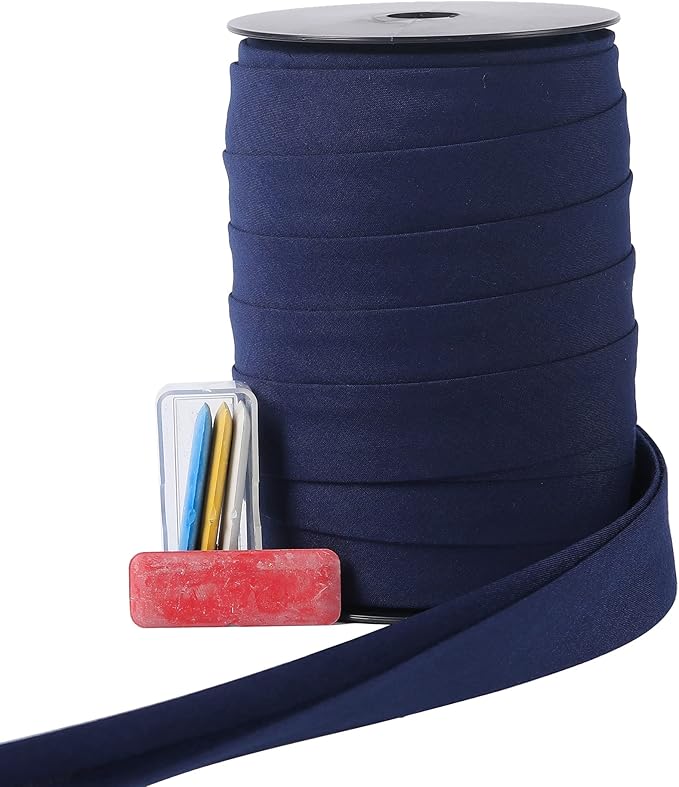 Bias Tape Double Fold 1 inch, Double Fold Bias Binding Tape 55 Yards (Navy Blue) and 4 Pieces Sewing Fabric Chalks for Crafts, Sewing, Seaming, Hemming, Piping, Quilting.