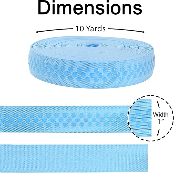 Mandala Crafts 1 Inch Elastic Silicone Gripper Tape for Clothing - 10 Yds Dotted Non Slip Elastic Band for Sewing - Light Blue Silicone Flat Fabric Stretchy Ribbon Straps
