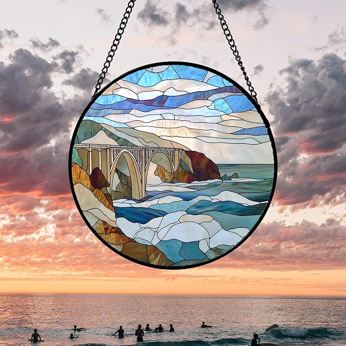 Stained Glass Window Hanging 4 Pcs Set Ocean Waves 9.8" - Blue and White Sea Suncatcher Door Garden Sun Catcher Decor Birthday Christmas for Mom Woman Nana Men